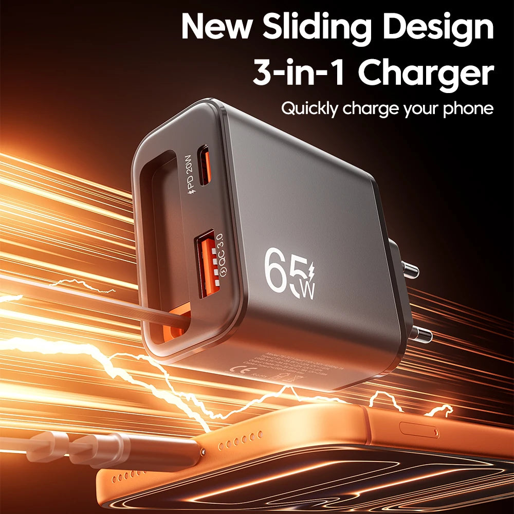 65W USB-C Wall Charger with Retractable Cable – Fast Charging Adapter with USB PD and QC 3.0 for iPhone, POCO, and Xiaomi Devices