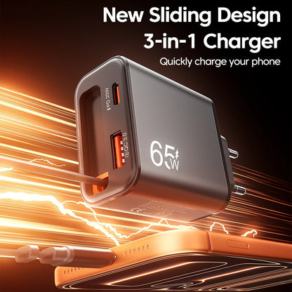 65W USB-C Wall Charger with Retractable Cable – Fast Charging Adapter with USB PD and QC 3.0 for iPhone, POCO, and Xiaomi Devices