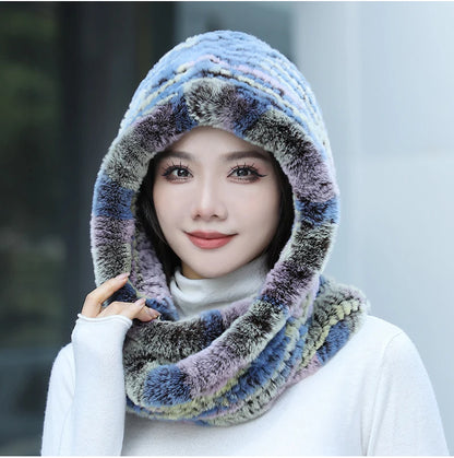 2025 Women’s Knitted Rex Rabbit Fur Hat – Hooded Scarf with Neck Collar, Long Winter Warm Fur Hat & Scarf Set