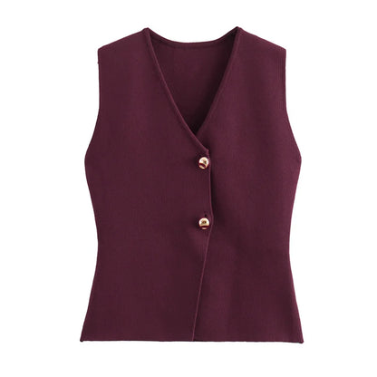 TRAF 2024 Women's Knit Vest Top – Cropped Sleeveless, Button Front, Summer Knitted Holiday Short Tops