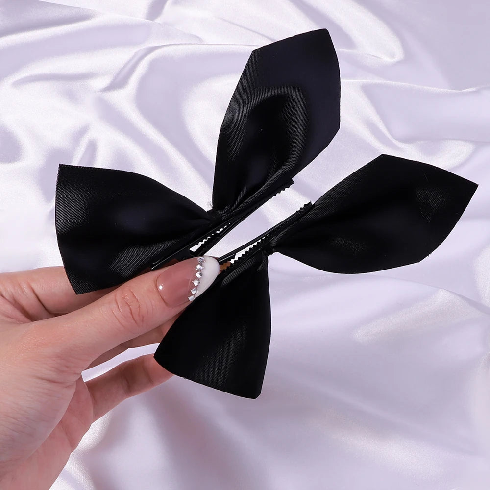 2pcs Black & White Ribbon Hair Bow Clips – Vintage Bowknot Side Hairpins, Cute Barrettes for Girls & Women, Headdress Accessories
