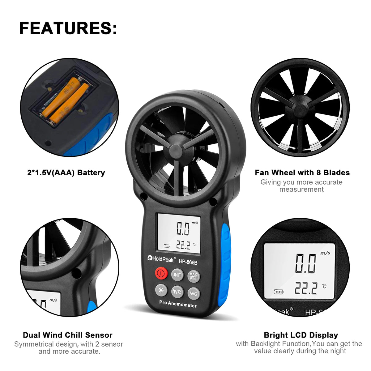 HOLDPEAK HP-866B Anemometer - Handheld Wind Speed & Temperature Meter with Wind Chill, Max/Min & LCD Backlight