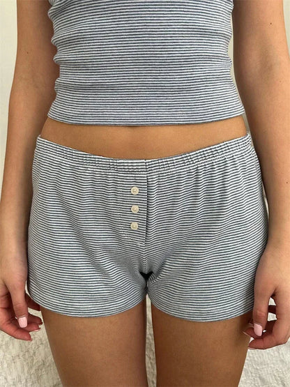Women’s 2-Piece Loungewear Set – Striped Lace Trim Sleeveless Tank Top & Shorts Summer Pajama Sleepwear Outfit