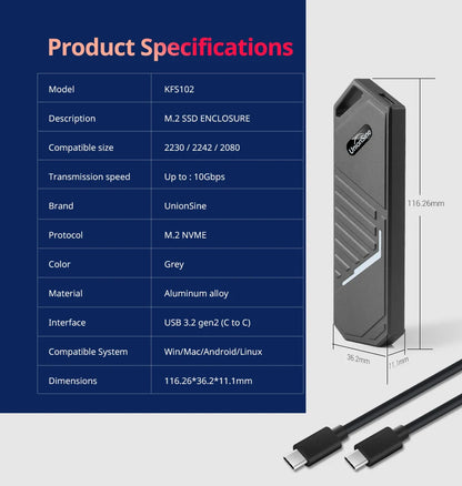 UnionSine M.2 SSD Enclosure – 10Gbps NVMe PCIe SSD Case with UASP Support for M Key Solid State Drives