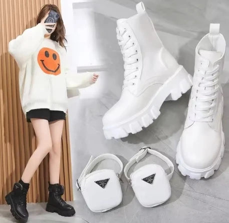 Women's Leather Oxford Motorcycle Boots – Lace-Up Platform Wedge Shoes in White, Black, and Rinse