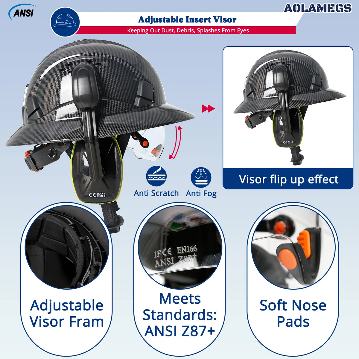 CE Full Brim Safety Helmet - HDPE Construction Hard Hat with Built-In Goggles & Earmuffs