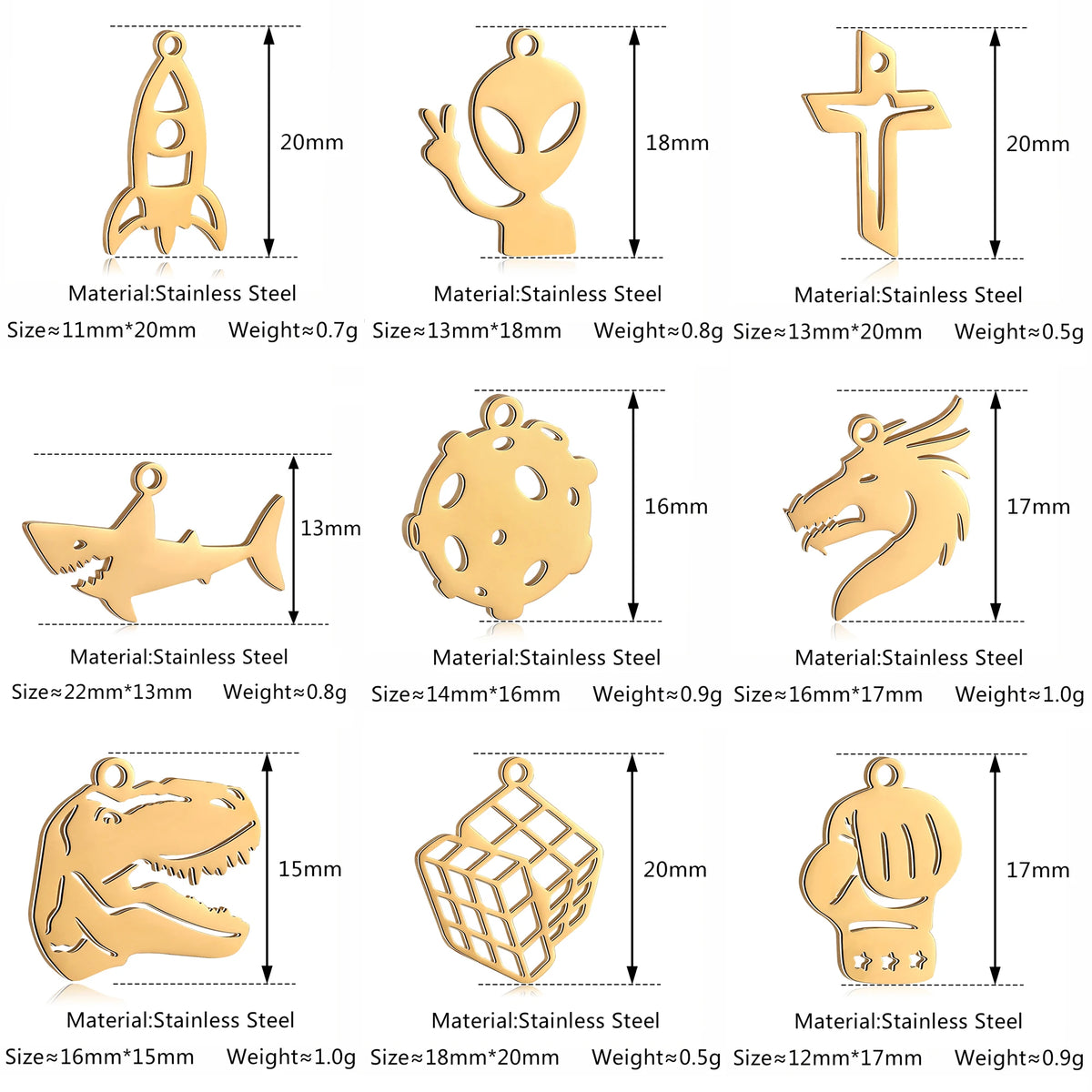 5-Piece Stainless Steel Charm Set - Magic Cube, Cross, Space Rocket, Boxing Glove, and Dinosaur DIY Jewelry Pendants