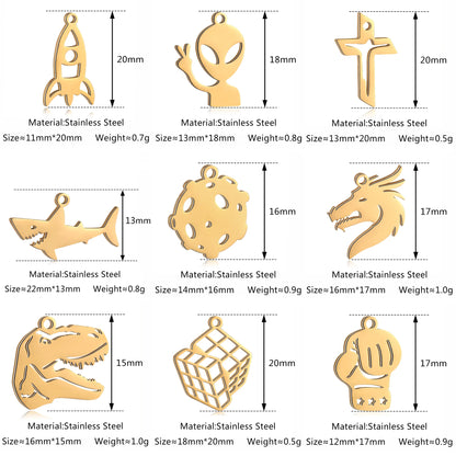 5-Piece Stainless Steel Charm Set - Magic Cube, Cross, Space Rocket, Boxing Glove, and Dinosaur DIY Jewelry Pendants