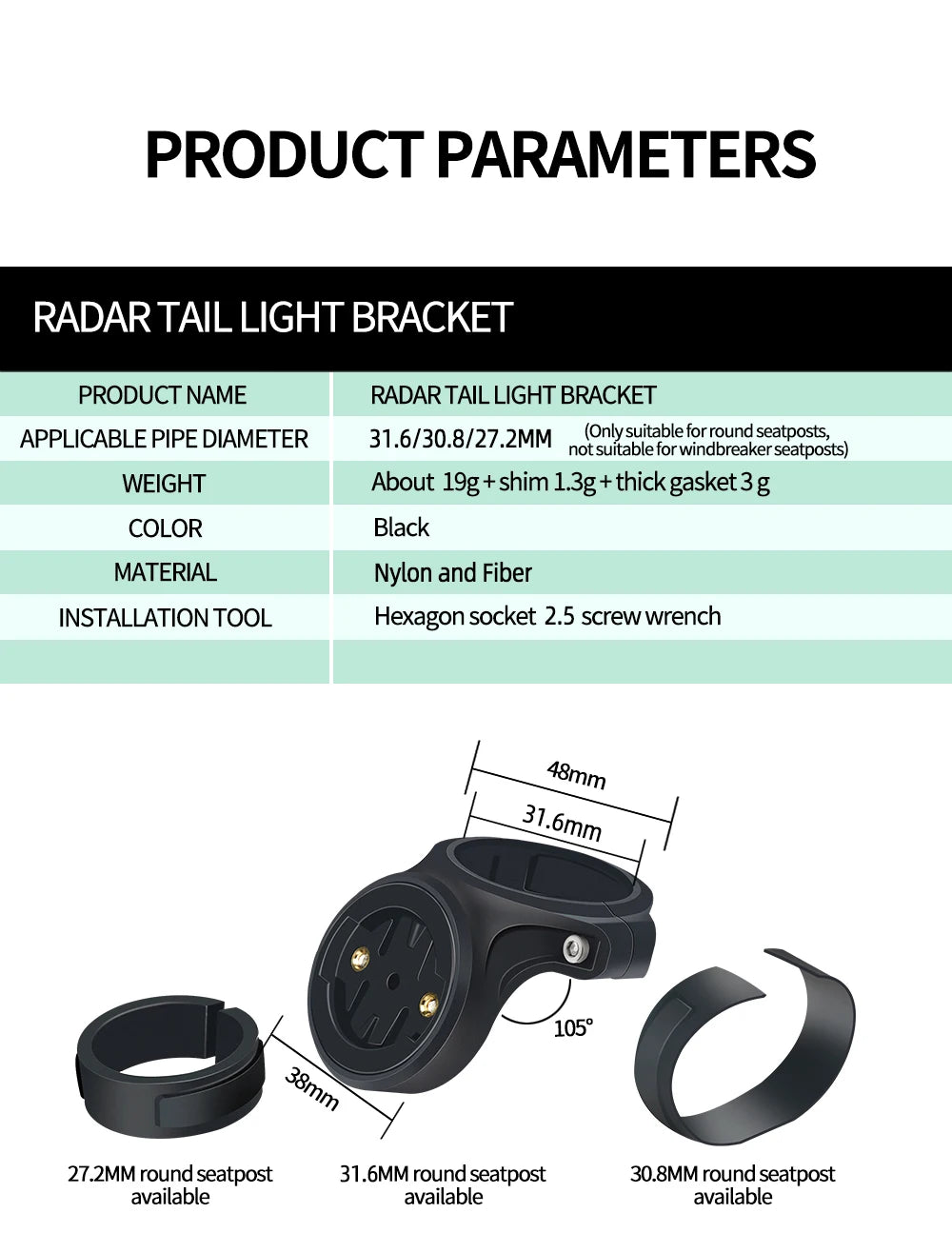 CYCLAMI Bicycle Lamp Mount — Bike Seatpost Bracket & Taillight Holder for Garmin Varia Radar RVR315, RTL510/515/500