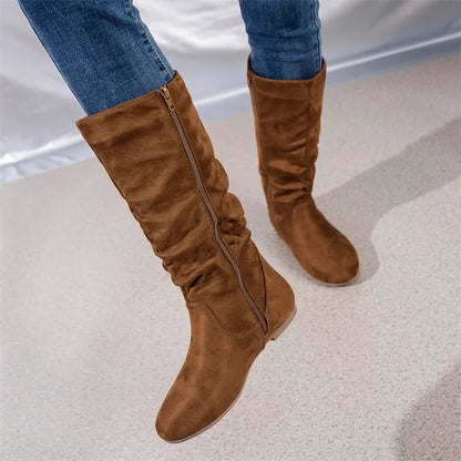 Women’s High-Top Casual Boots – Folded Zipper, Flat Bottom, Alligator Patterned Comfortable Footwear