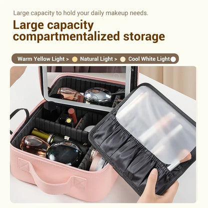 LED Lighted Cosmetic Case with Mirror - PU Leather Portable Travel Makeup Bag - Waterproof Makeup Storage