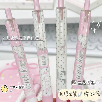 4-Piece Angel Wings Press Pen Set - Quick-Drying Black Ink Korean-Style Kawaii Pens for Students, Exams and Everyday Writing