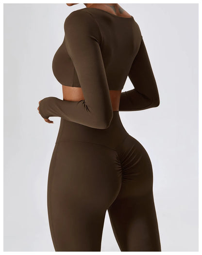 2PCS Seamless Women’s Yoga Set – Long Sleeve Crop Top & Leggings Workout Outfit, Athletic Gym Sportswear
