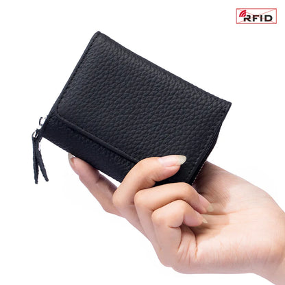 Genuine Leather Women’s Wallet — Small Zipper Coin Purse, Short Cowhide RFID Card & Money Holder, Perfect Gift for Women