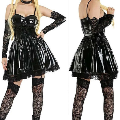 MisaMisa Cosplay Costume – Gothic Death Note Outfit for Women, Leather Dress with Stockings, Garters & Choker for Halloween