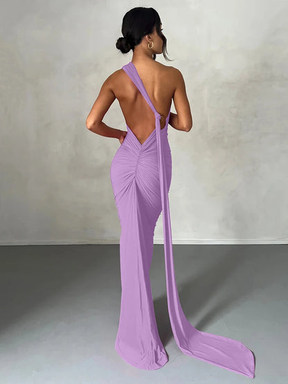 Hugcitar One Shoulder Backless Maxi Dress for Women – Adjustable Scarf Ruched Sexy Elegant Y2K Festival & Streetwear Party Outfit