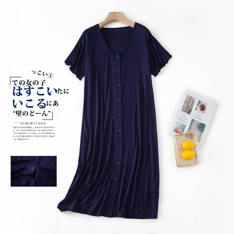 Women’s Modal Short-Sleeve Night Dress – Mid-Length Cotton Sleep Top with Buttons, Plus Size Pajamas