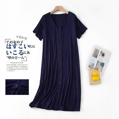 Women’s Modal Short-Sleeve Night Dress – Mid-Length Cotton Sleep Top with Buttons, Plus Size Pajamas