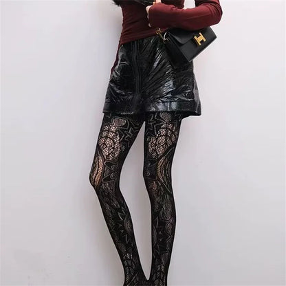 Black Floral Lolita Lace Tights - Retro Mesh Stockings with Classic Hollow Design