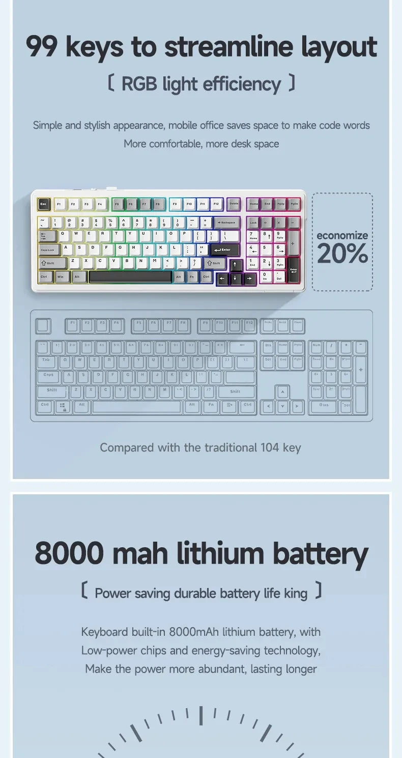 AULA F99 99-Key Gaming Mechanical Keyboard – Wired, 2.4G Wireless, Bluetooth, Hot-Swappable PBT Gasket RGB for Gaming & Typing