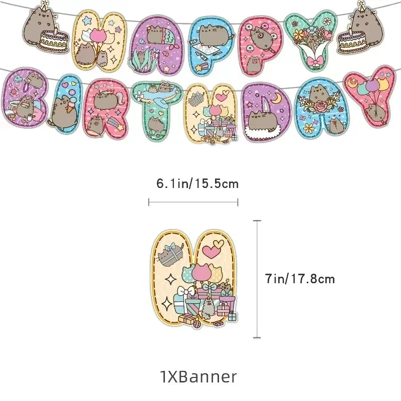 Pusheen Cat Birthday Party Decorations - Cartoon Pet Theme Balloons, Banner, Backdrop, Cake Topper, and Baby Shower Stickers