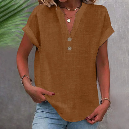 Women’s Summer Cotton Linen V-Neck Button Down Shirt – Breathable Casual Office Top in Solid Colors