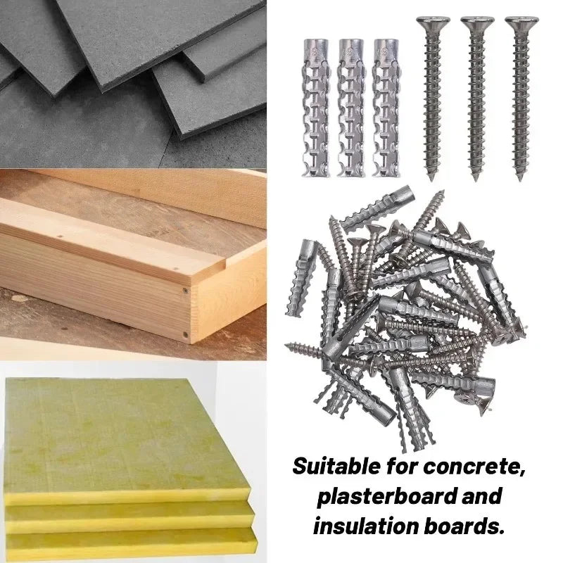 Hollow Wall Expansion Screw Kit - Metal Anchors with Self Tapping Screws for 6/8mm Pipe Drilling & Fastening
