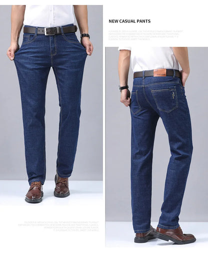 Men’s Casual Comfortable Jeans – Straight Loose Fit High Waist Elastic Trousers for All Seasons & Office Wear