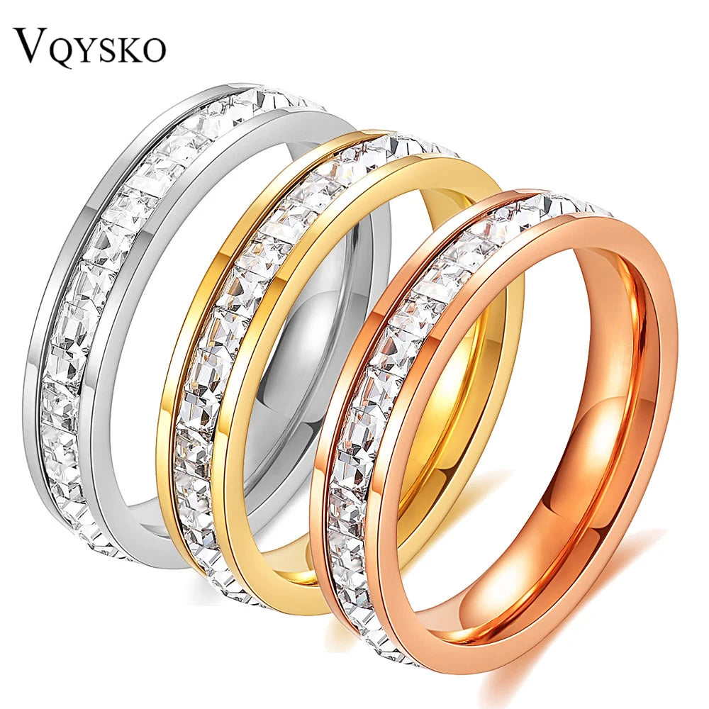 VQYSKO Square Zircon Stainless Steel Ring – White Zircon Engagement Ring for Women & Men – Geometric Couple Fashion Jewelry for Party & Custom Wear