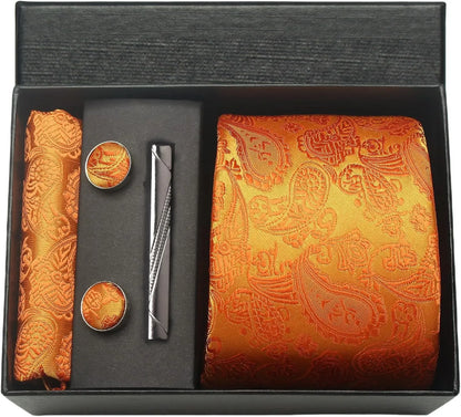 100% Silk Men’s Necktie Set with Paisley Floral Design, Business Tie with Pocket Square, Tie Clip & Cufflinks Gift Box Set for Men