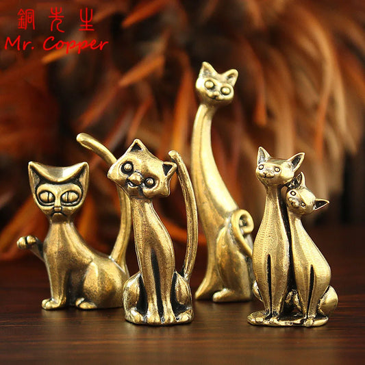 Brass Cat Figurines - 7 Style Modern Retro Animal Mini Statues for Desktop, Home Decor & Craft Accessories