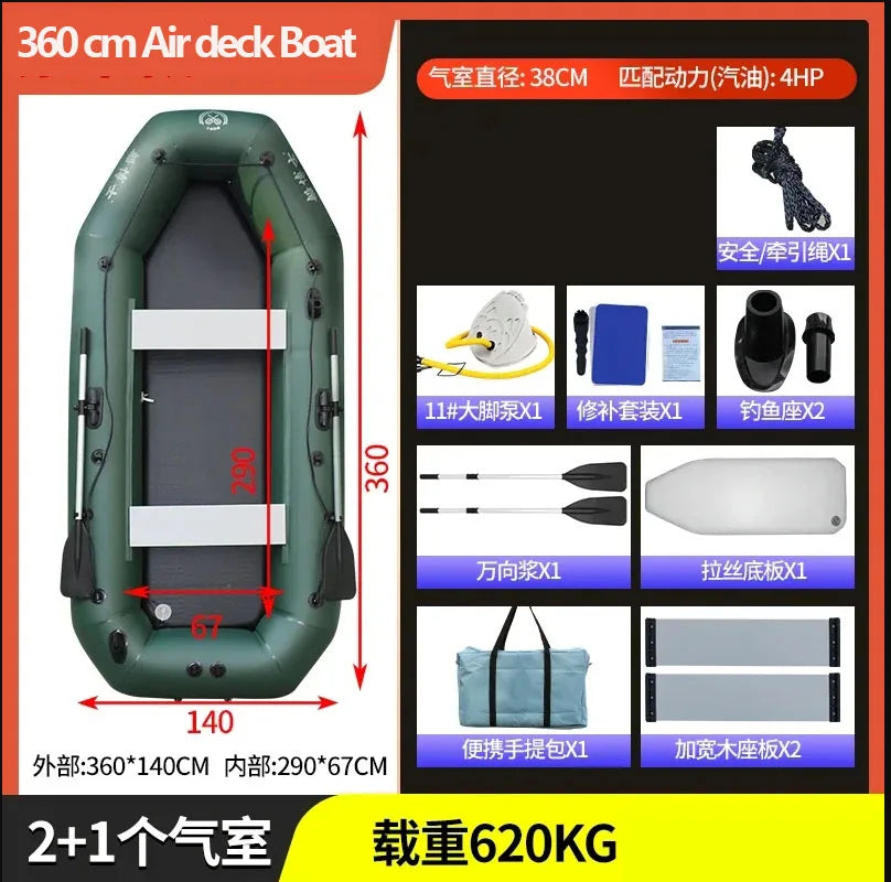 1.75–3.6m Inflatable PVC Fishing Kayak Boat – Air Deck Raft Rubber Dinghy with Clip Net, Portable Fishing Watercraft