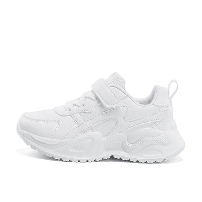 White Kids Leather Casual Shoes — Boys & Girls Outdoor Running Sneakers, Breathable Mesh, Non-Slip School Walking Sport Shoes