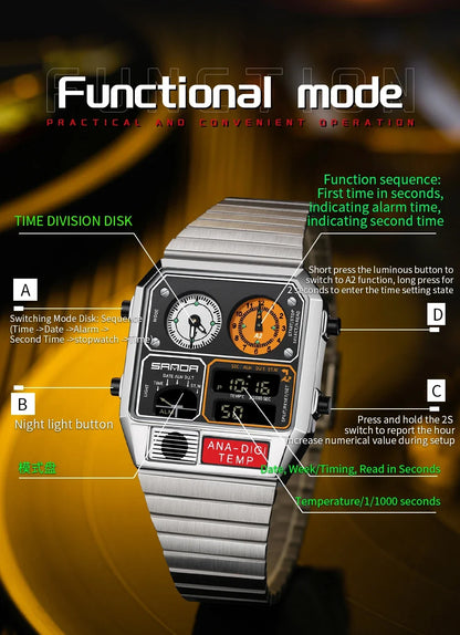 SANDA 3192 Men's LED Square Watch with Thermometer, Stopwatch & Chronograph – Multi-function Casual Timepiece for Youth   2/2