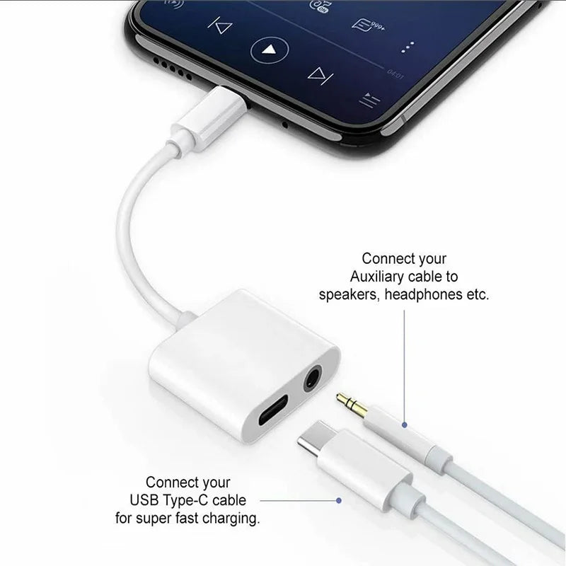 2-in-1 USB-C to 3.5mm Audio Adapter — Dual Type-C Jack Charging & Aux Cable for Samsung, Xiaomi Wired Earphones
