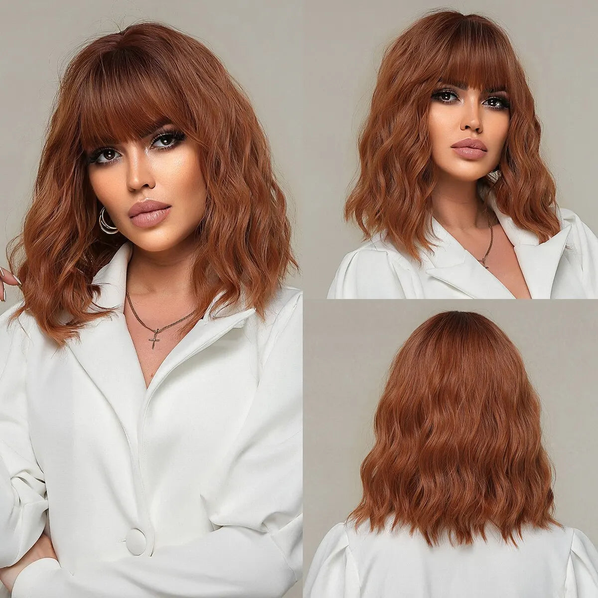 Women’s Grey Wavy Bob Wig with Bangs — Short Blonde Ombre Synthetic Hair with Dark Roots for Daily Wear