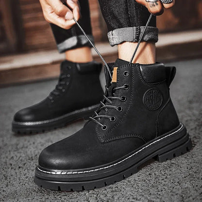 High Top Leather Boots for Men & Women – Fashion Lace-Up Outdoor Sneakers, Non-Slip Casual Ankle Shoes for Couples