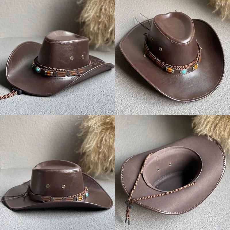 Faux Leather Western Cowboy Hat – Vintage Panama Cowgirl & Gentleman Hat for Women & Men