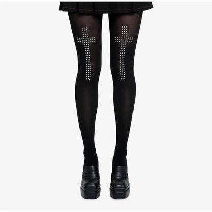 Retro Cross Print Stockings - Y2K Women's Stretch Hip-Hop Streetwear Socks for Casual & Cosplay Looks