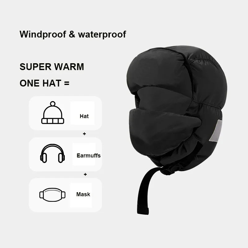 2024 Winter Cotton Earflap Hat with Mask - Windproof Down Jacket Thermal Ski Hat for Men and Women, Ideal for Cycling and Outdoor Adventures