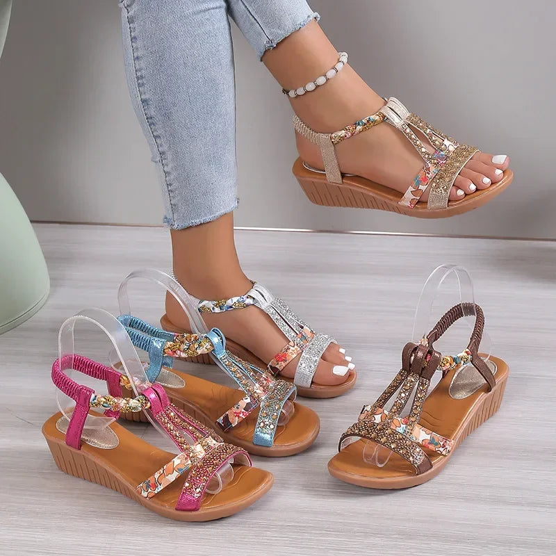 Women’s Bohemian Wedge Sandals - Rhinestone Platform Peep Toe Summer Beach Shoes Casual Outdoor Footwear