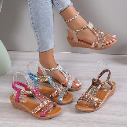 Women’s Bohemian Wedge Sandals - Rhinestone Platform Peep Toe Summer Beach Shoes Casual Outdoor Footwear