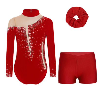 Kids Girls Long-Sleeve Ballet Leotard with Body Shorts & Hair Band — Gymnastics Dance Bodysuit