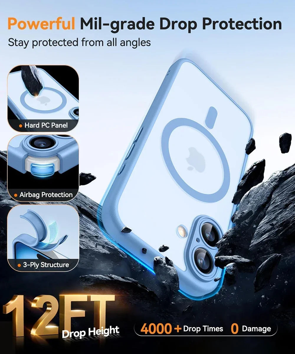 Magnetic Matte Translucent Armor Case - Shockproof Magsafe Compatible Cover for iPhone 17 16 15 14 13 12 11 Pro Max Plus