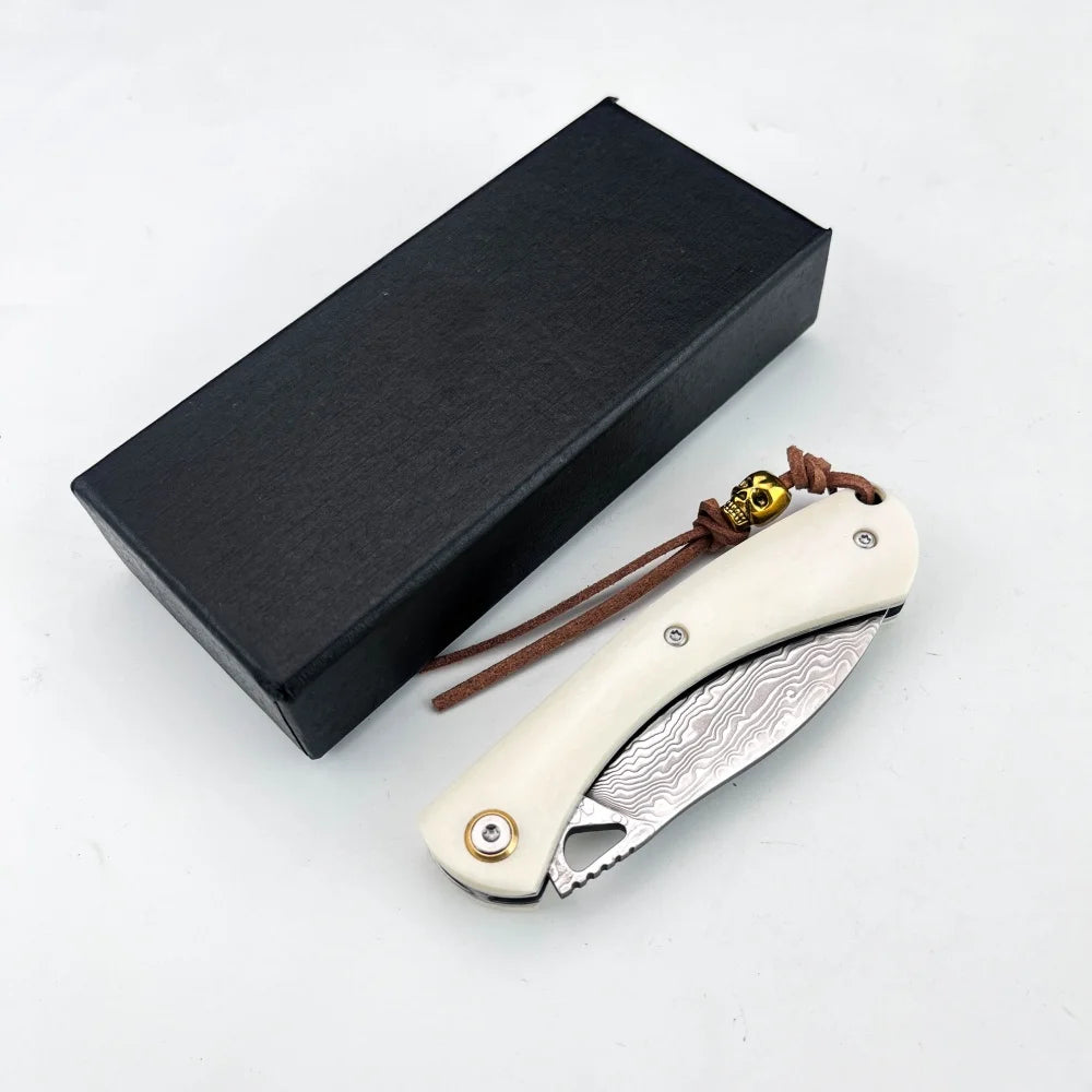 Higonokami Damascus Steel Folding Knife - Bone Handle Camping & Slicing Tool
