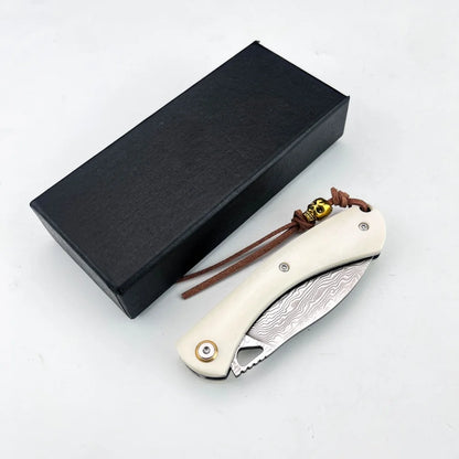 Higonokami Damascus Steel Folding Knife - Bone Handle Camping & Slicing Tool