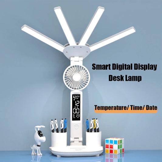 3-in-1 Multifunction Table Lamp: LED Four-Headed Folding with Fan, Calendar Clock - USB Rechargeable Desk Light, 3 Color Reading Lamp