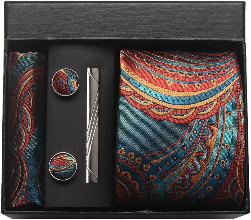 100% Silk Men’s Necktie Set with Paisley Floral Design, Business Tie with Pocket Square, Tie Clip & Cufflinks Gift Box Set for Men