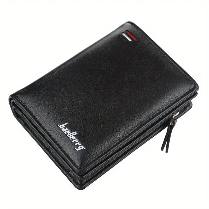 Men’s PU Leather Short Wallet – Vintage Zipper Coin Pocket, Large Capacity Money & Card Holder