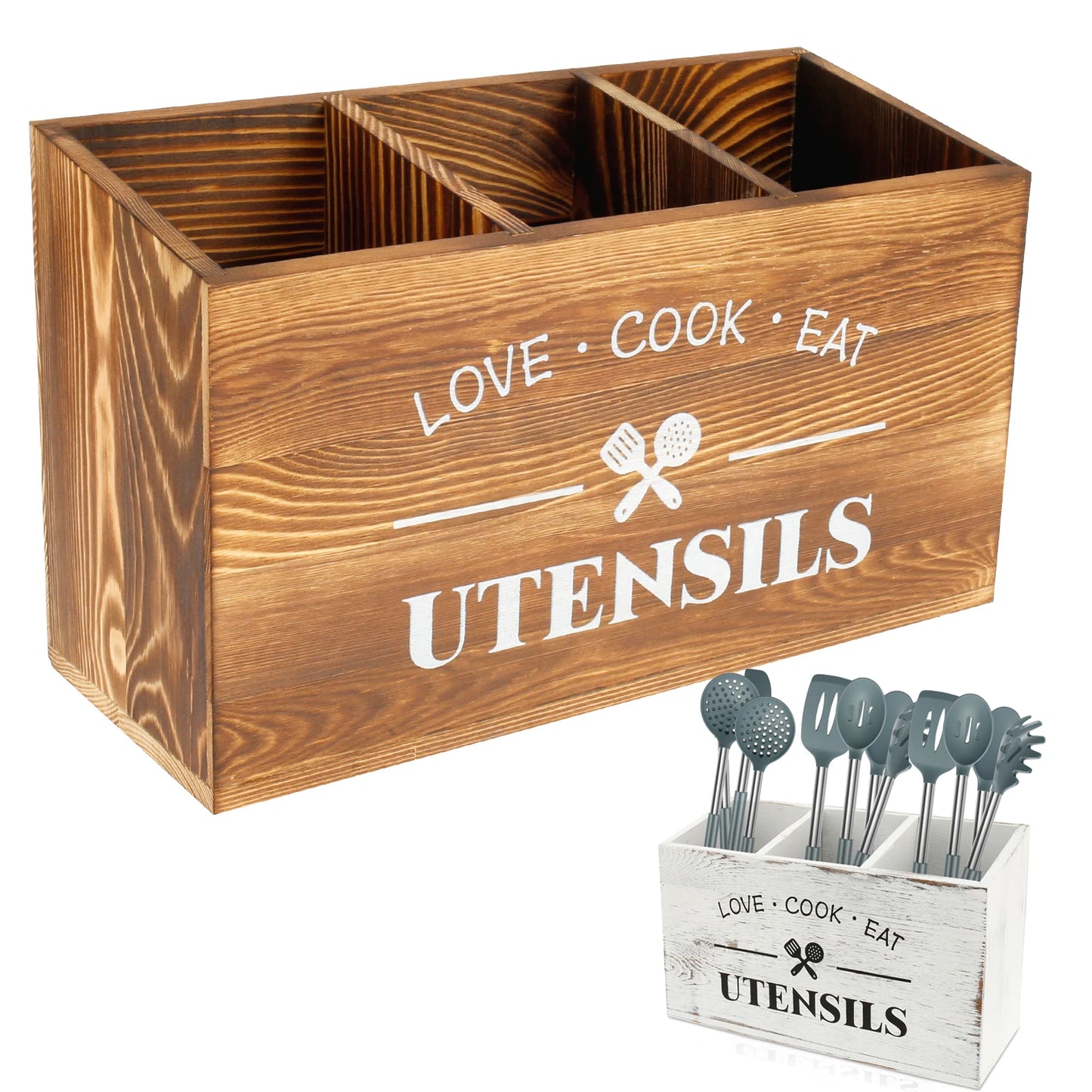 Wood Kitchen Utensil Holder & Organizer – Large Spoon, Fork & Silverware Storage Caddy Rack for Countertop Kitchen Tableware Storage Container